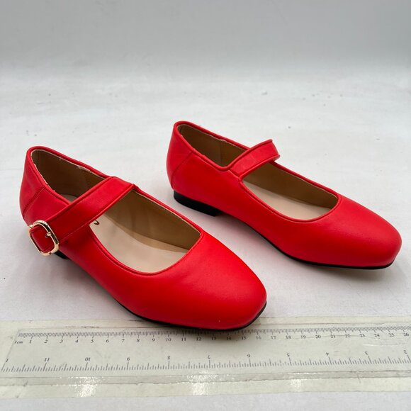 FYS Red Square Toe Mary Jane Pumps Flats Ballets Buckled Dress Daily Shoes - Picture 4 of 8